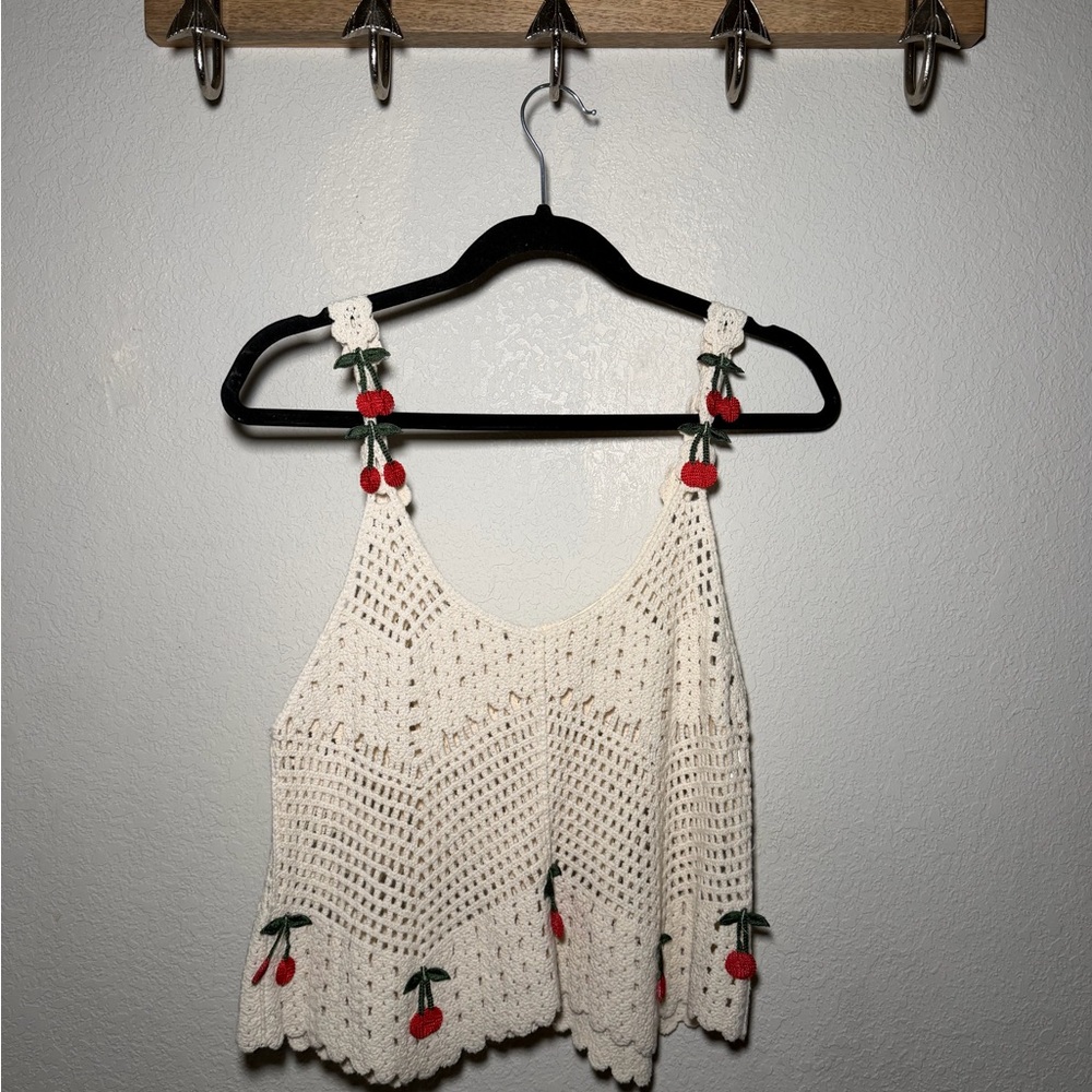 Rebellion Cream Crochet Camisole with Red Cherry Accents